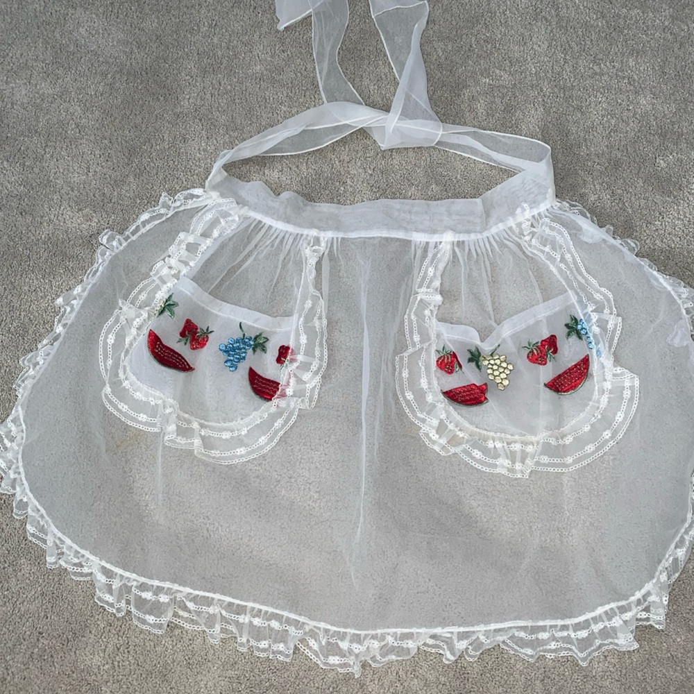 Vintage Organza  Waist HALF APRON White Embroidered Fruit Watermelon Strawberry